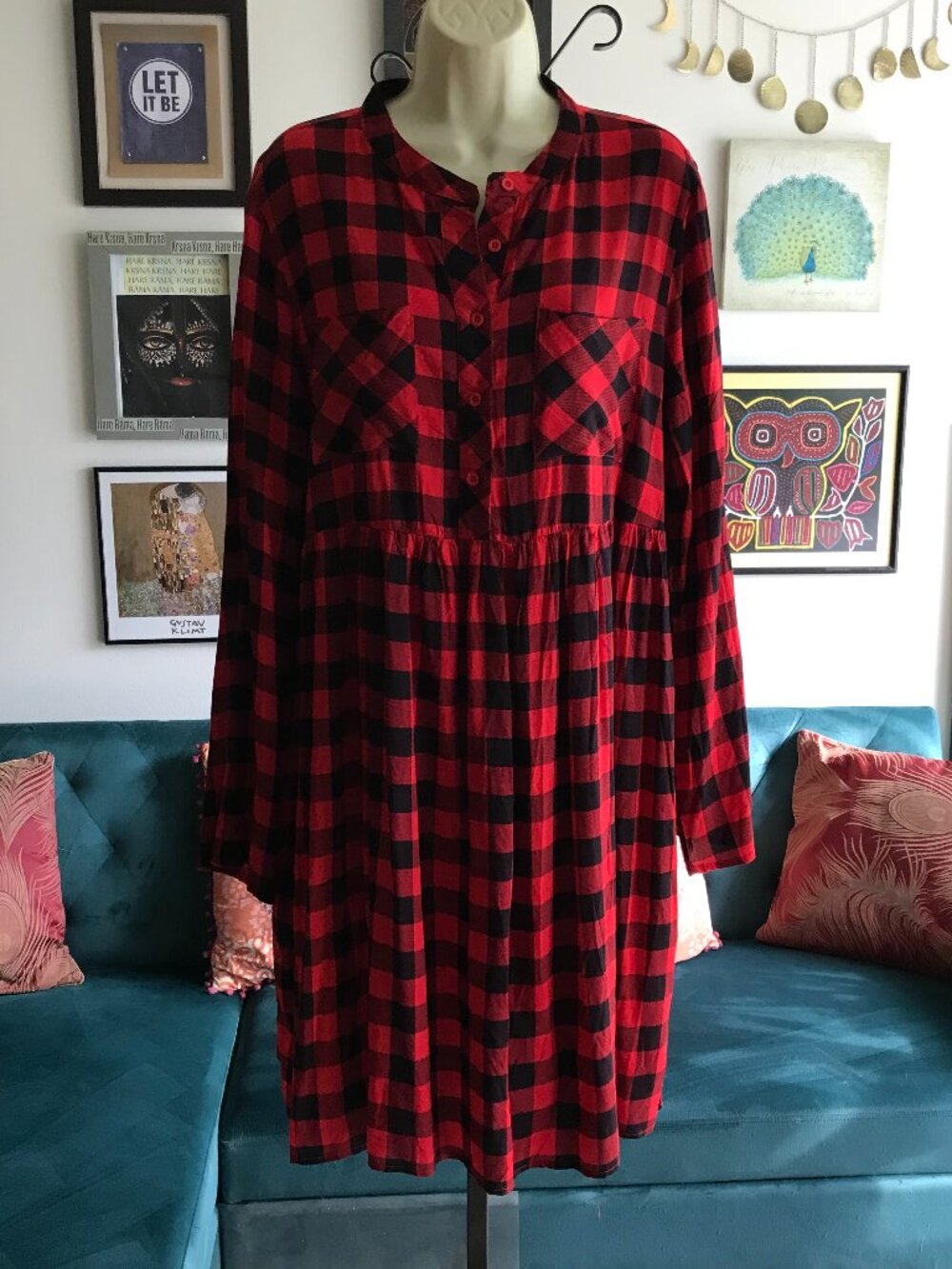 SUZANNE BETRO size 1X XL Red & Black Buffalo Plaid Empire Waist Dress NWT